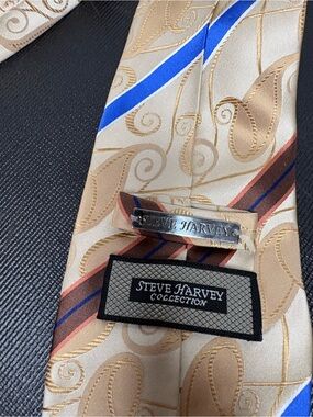 Steve Harvey Cream Paisley Stripe Tie with Blue and Brown Accents